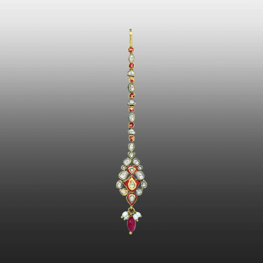 Red Enamel Polki Mangtikka with a Drop and Pearls